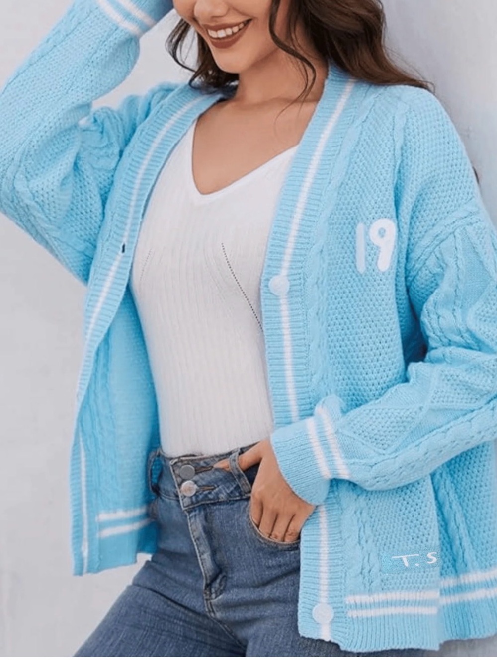 Taylor swift Light Blue Cable Knit Button Cardigan Sweater